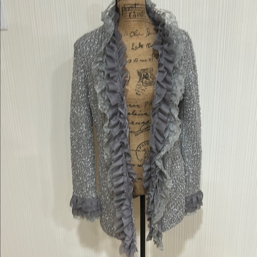 Sioni Gray Open-Front Cardigan with Ruffled Trim